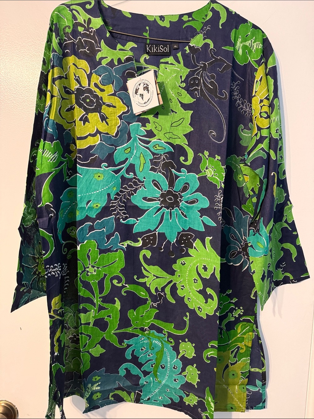KikiSol  XL Women’s Navy Tunic with Green & Teal Floral Print
